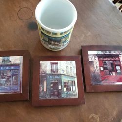 Set Of French Cafe Themed:  3 Trivet Tiles & Ceramic Kitchen Utensil Holder Crock