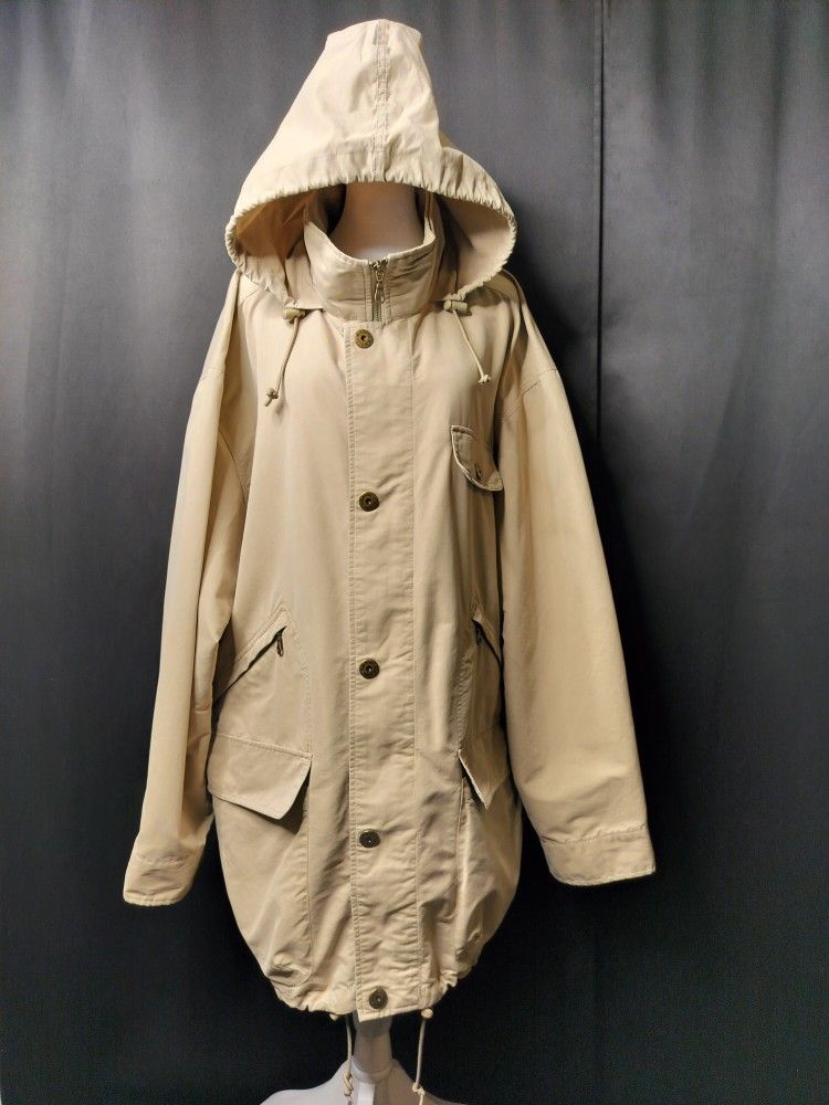 Mens Khaki Double Layer Hooded Trench Coat Style Jacket (Size XL)