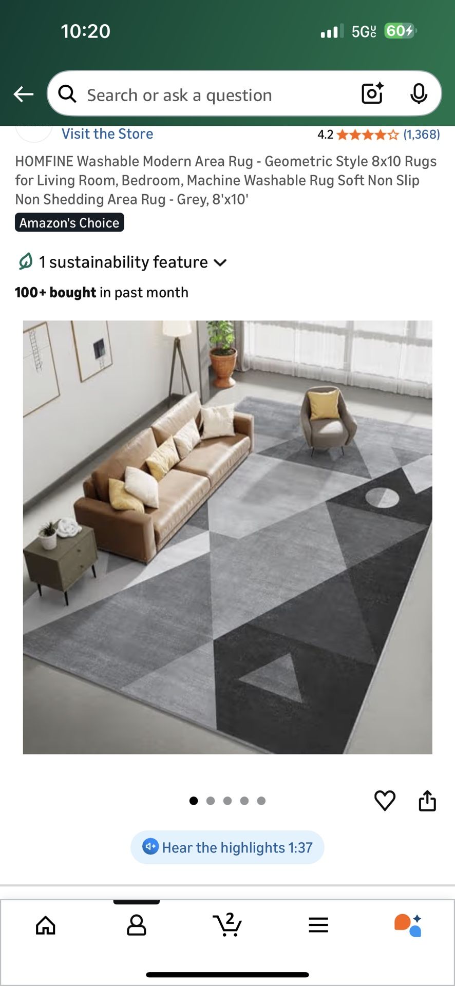 HOMFINE Washable Modern Area Rug Geometric Style 8x10 Rugs for Living Room Bedroom Machine Washable Rug Soft Non Slip Non Shedding Area Rug Grey
