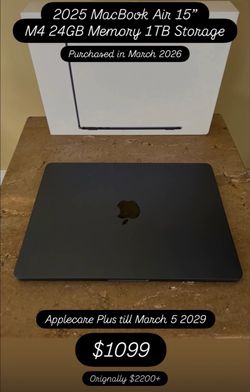 2025 MacBook Air 15" M4 24GB Memory 1TB Storage Applecare + 2029