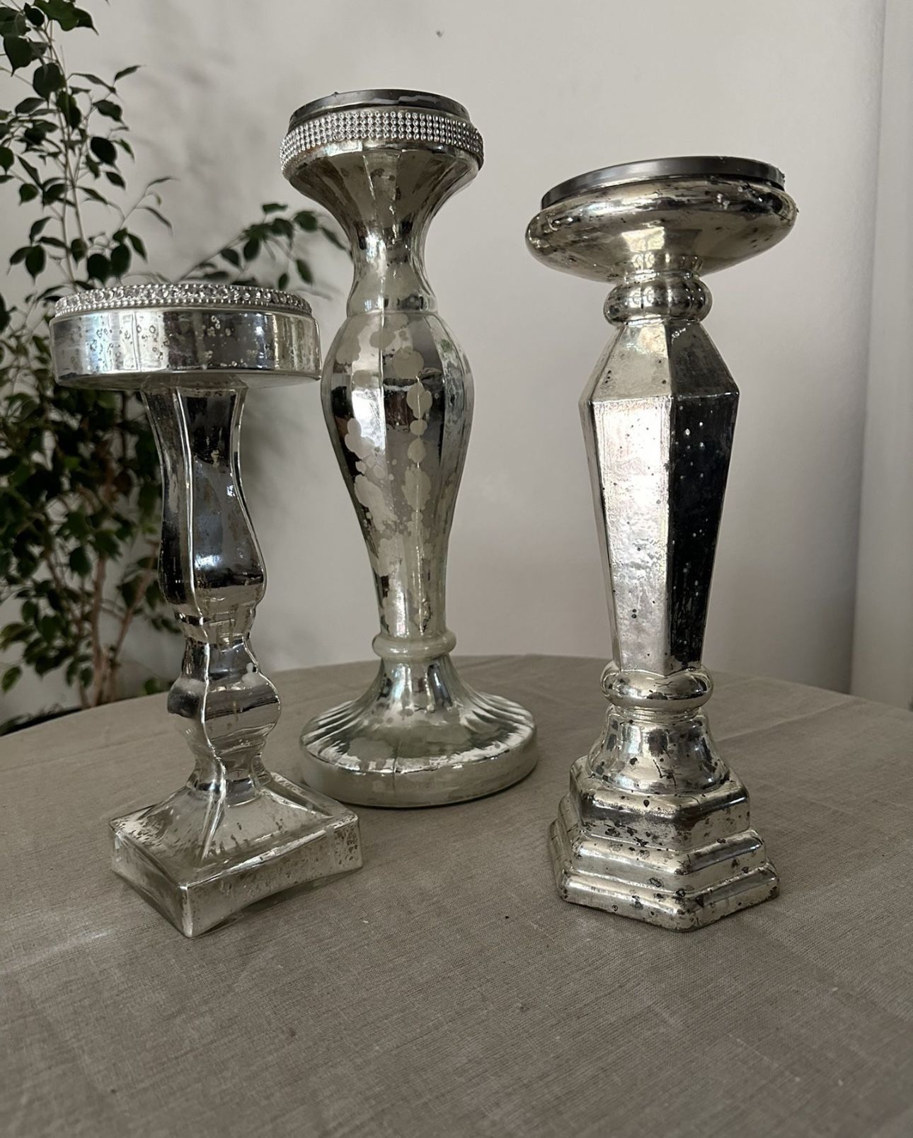 3 Shabby Chic French Mercury Glass Pillar Candle Sticks 