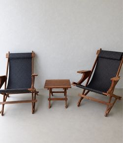 Folding Wood Deck Chair Set with Side Table
