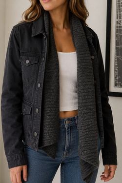 Y2K Abercrombie & Fitch Black Denim Jacket M Built In Knit Scarf Shawl Collar