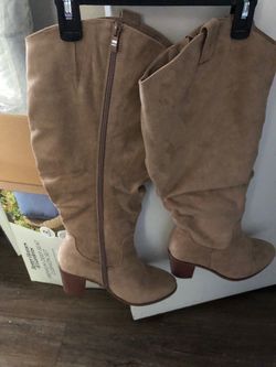 Tan Suede Knee-High Heeled Boots