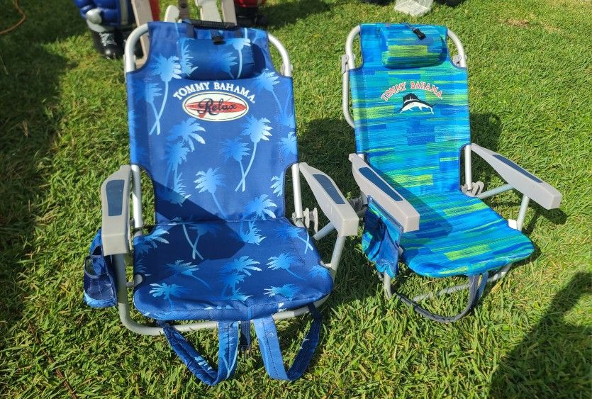 2 TOMMY BAHAMA beach Chairs , Lay Flat,   Backpack,  Cooler / Storage  Bag 
