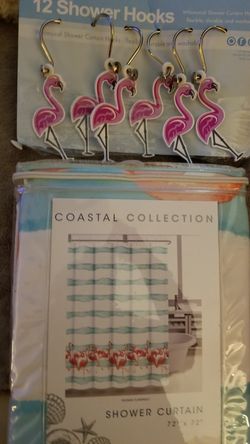 Shower Curtain with Hooks,Flamingos, NIB