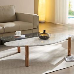 57” DESIGN COFFEE TABLE WHITE DARK GREEN FAUX MARBLE BRONZE LEG