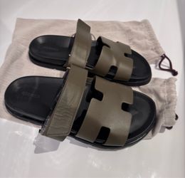 Hermès Chypre Sandals US 10 Black 42.  Dark Green Straps.