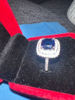 💍 925 Sterling Silver Royal Blue Sapphire Ring Size 7 - Double Halo CZ ✨💙💍