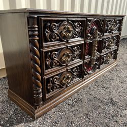 Gothic Revival Wood Carved Red Velvet 9 Drawer Dresser 1950s Mid Century