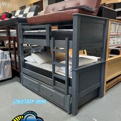Triple Twin Grey Bunk Bed With Mattresses Colchones Nuevos New Litera 