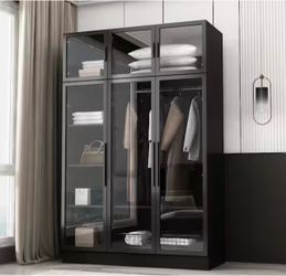 Black Glass Door Wardrobe with LED Lighting