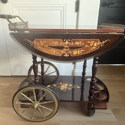 Vintage Italian Marquetry Inlaid Wood Two-Tier Drop-Leaf Bar Cart