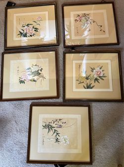 Vintage Mid Century Donelle Inc. Chinese Silk Paintings - Chinoiserie Set of 5