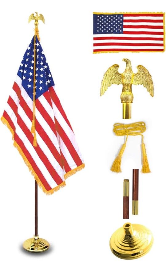 ANLEY 8 Ft Presidential Deluxe Indoor American Flag Pole Set - 8' Oak Pole, Gold Fringed US National Flag, Stand, Cord Tassel and Eagle Top Ornament f