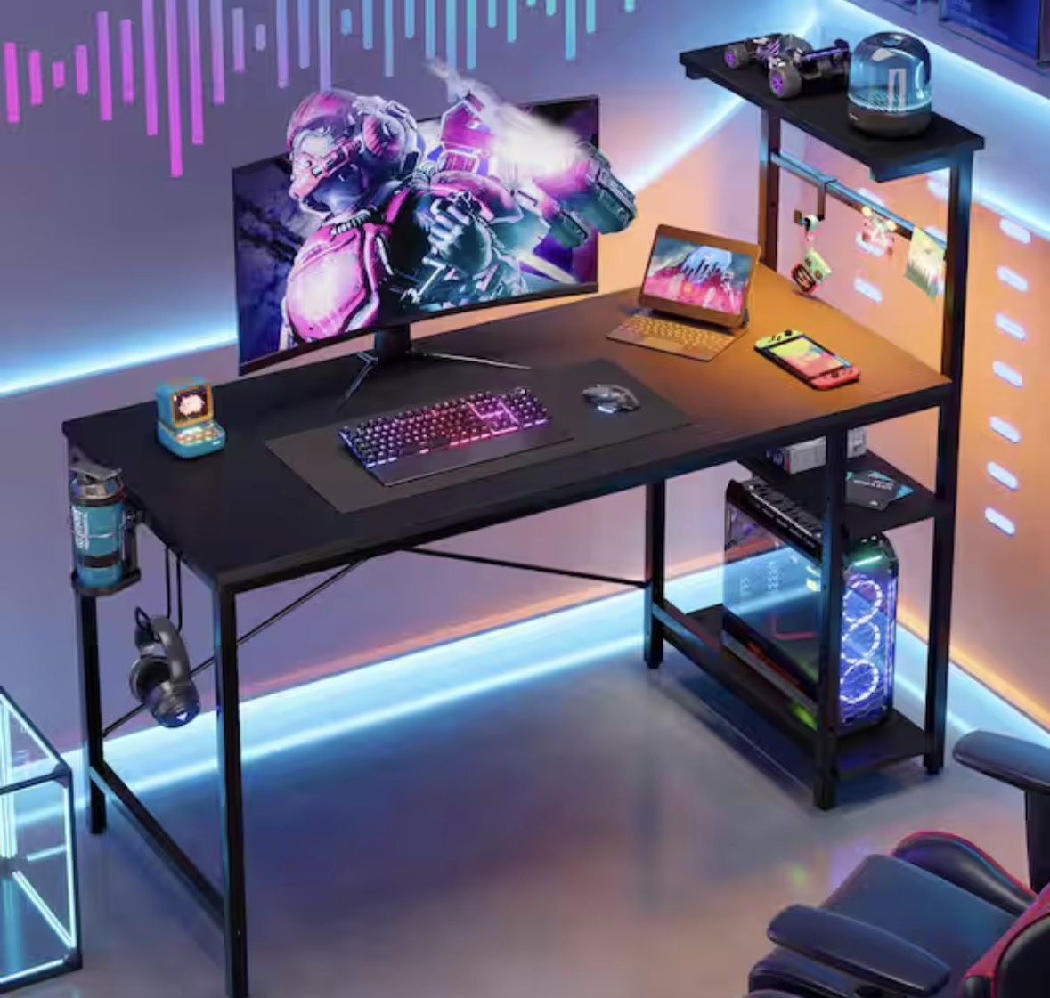 44 in. Rectangular Black Grained Gaming Desk with RGB LED Lights Computer Desk with 4 Tier Storage Shelves and Hooks