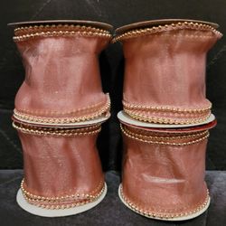 4 New- 2½" Wide Wired Ribbon Rose with Gold Bead Edging