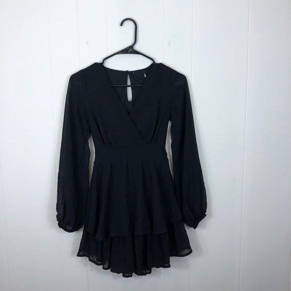 Woman's V-Neck Long Sleeve Ruffled Mini Dress Sz XS