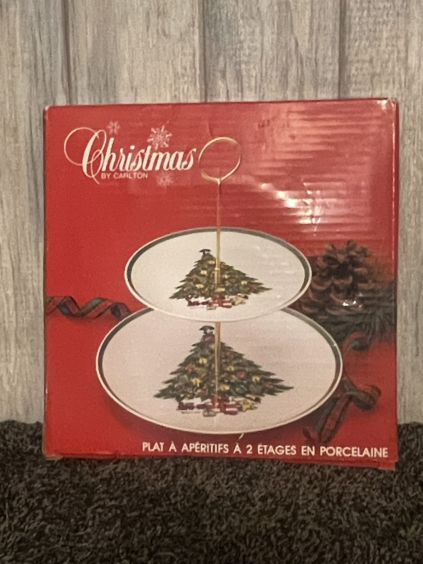 Vintage 1986 Carlton 2-Tier Christmas Porcelain Serving Dish – With Box