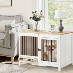 WH 39.4" Furniture-Style Dog Crate for Small & Medium Dogs - Foldable Wood Dog Kennel for Indoor/Outdoor Use, White