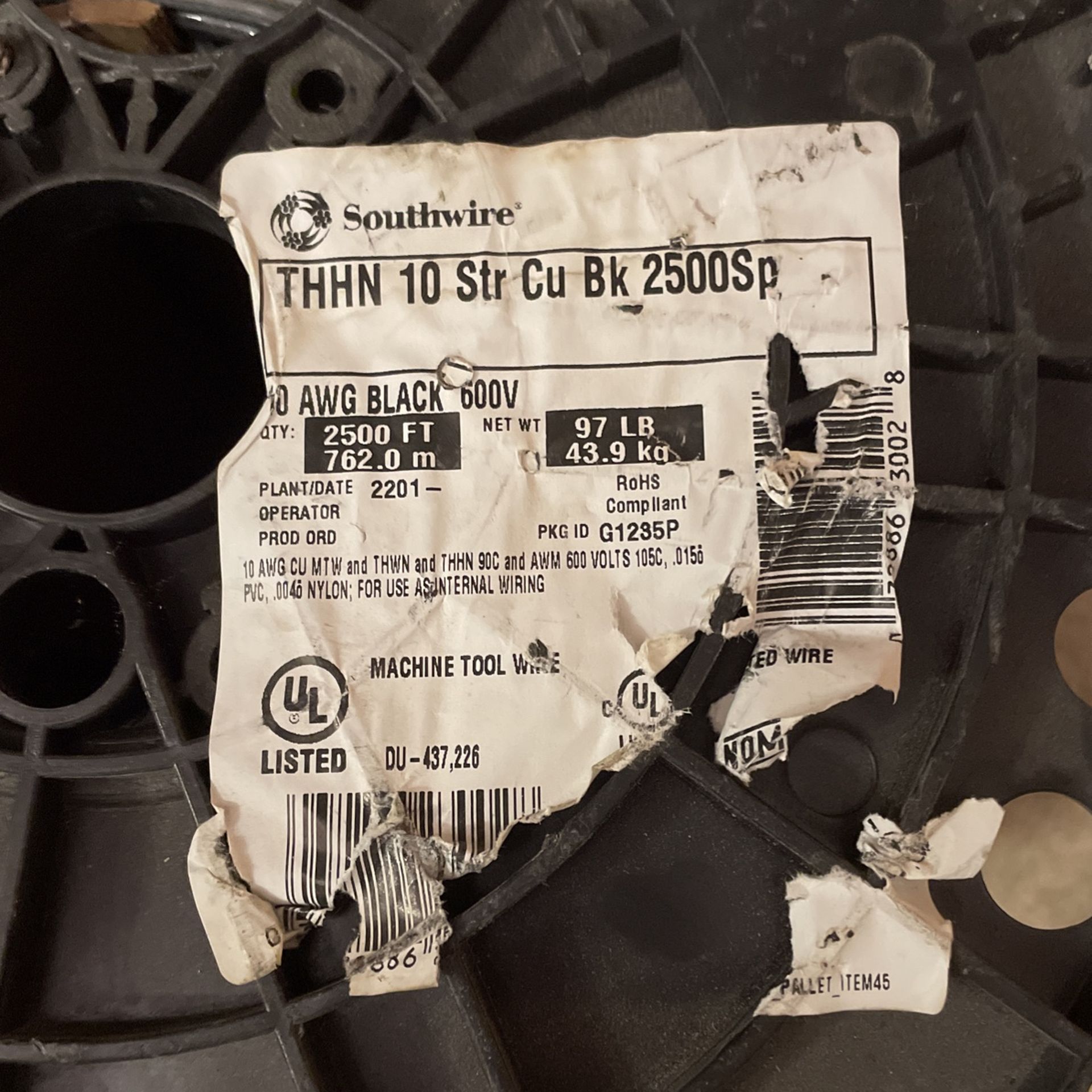 2500’ Spool THHN Copper Wire Black Stranded