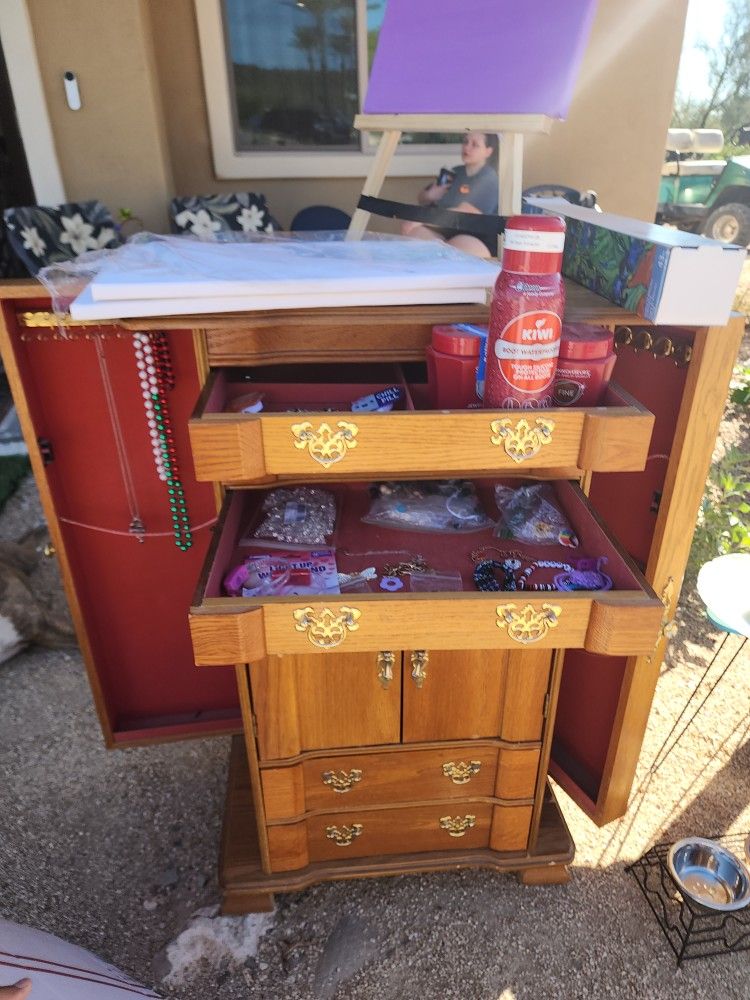 Wood Jewelry Armoire with Drawers & Side Necklace Doors