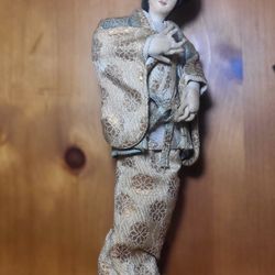15" Vintage Asian Geisha Doll ON Wooden Stand 