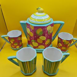 5 Piece Hearts of Hope Lemon Pitcher Tea Set Coffee Pot Certified Intl Ceramic 