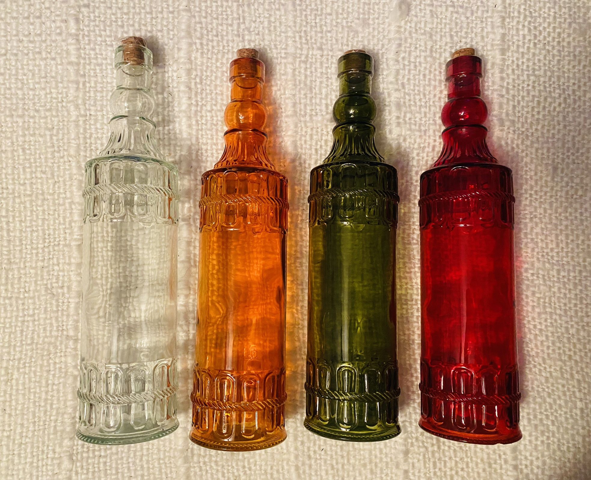 4 New Beautiful Glass Raised Detail Corked Bottles for Sale in