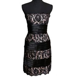 BCBGMaxAzria Lace Overlay Satin Stripe Strapless Formal Holiday Dress Women's 8