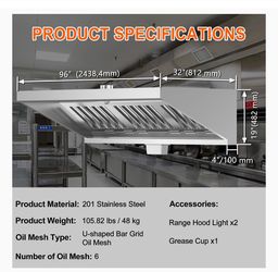 8 feet Commercial Stainless Steel Range Hood 96", for food truck trailer