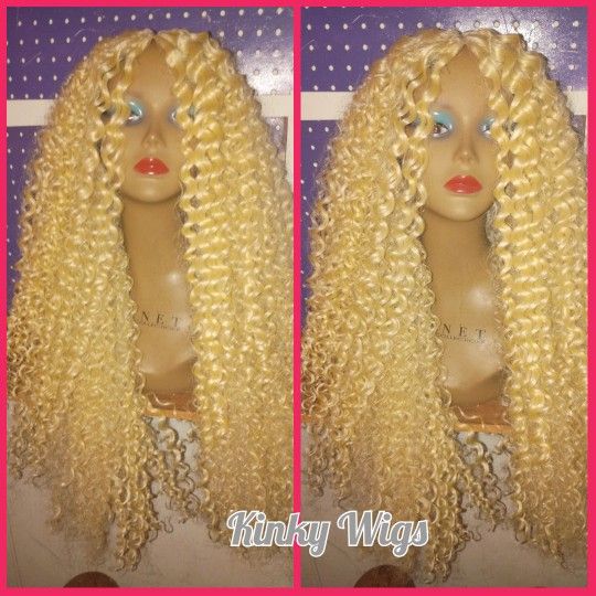 3012" 613 Platinum Blonde Kinky Curly 2x6 Hd Lace Crochet Hair Wig