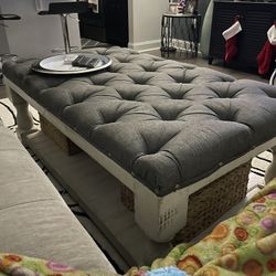 Grey Tufted And Wood Ottoman 