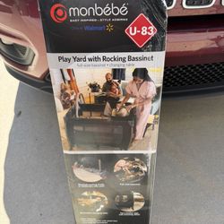 Monbebe Play Yard – Full-Size Rocking Bassinet, Removable Changer & Toy Bar – Castle Point