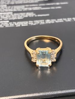 Aquamarine Emerald Cut Diamond Ring 14k Yellow Gold size 7.5 for women