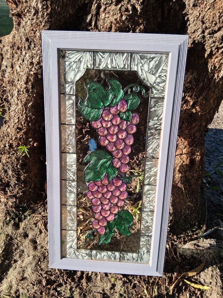 Purple Grapes Fruit Stained Art Glass Framed Suncatcher 22” X 11.5” Pre-owned....asking $30.00