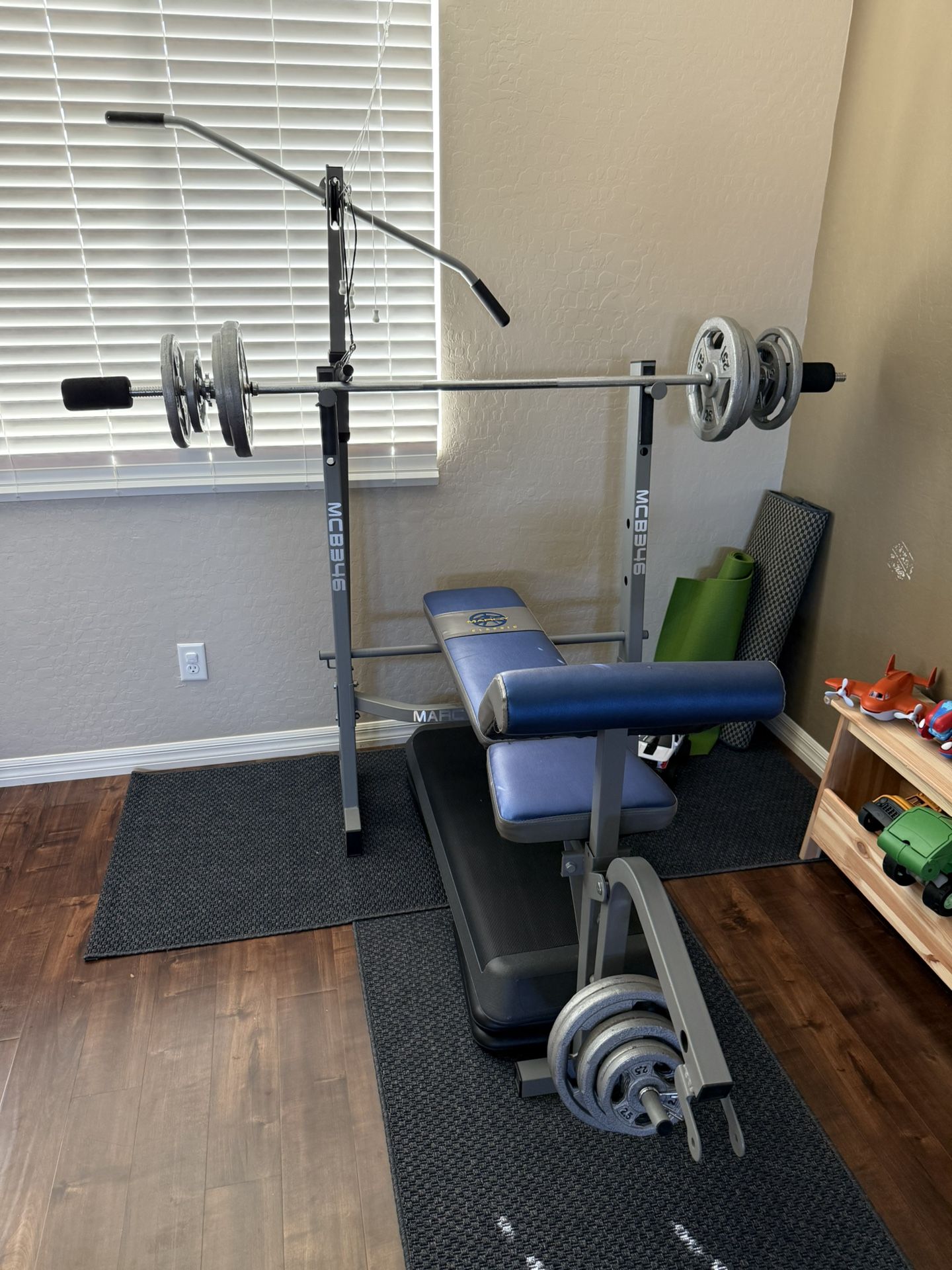 Marcy Pro MCB-346 Weight Bench System - Great Condition! Curl Bar, Pulley & Weights Included
