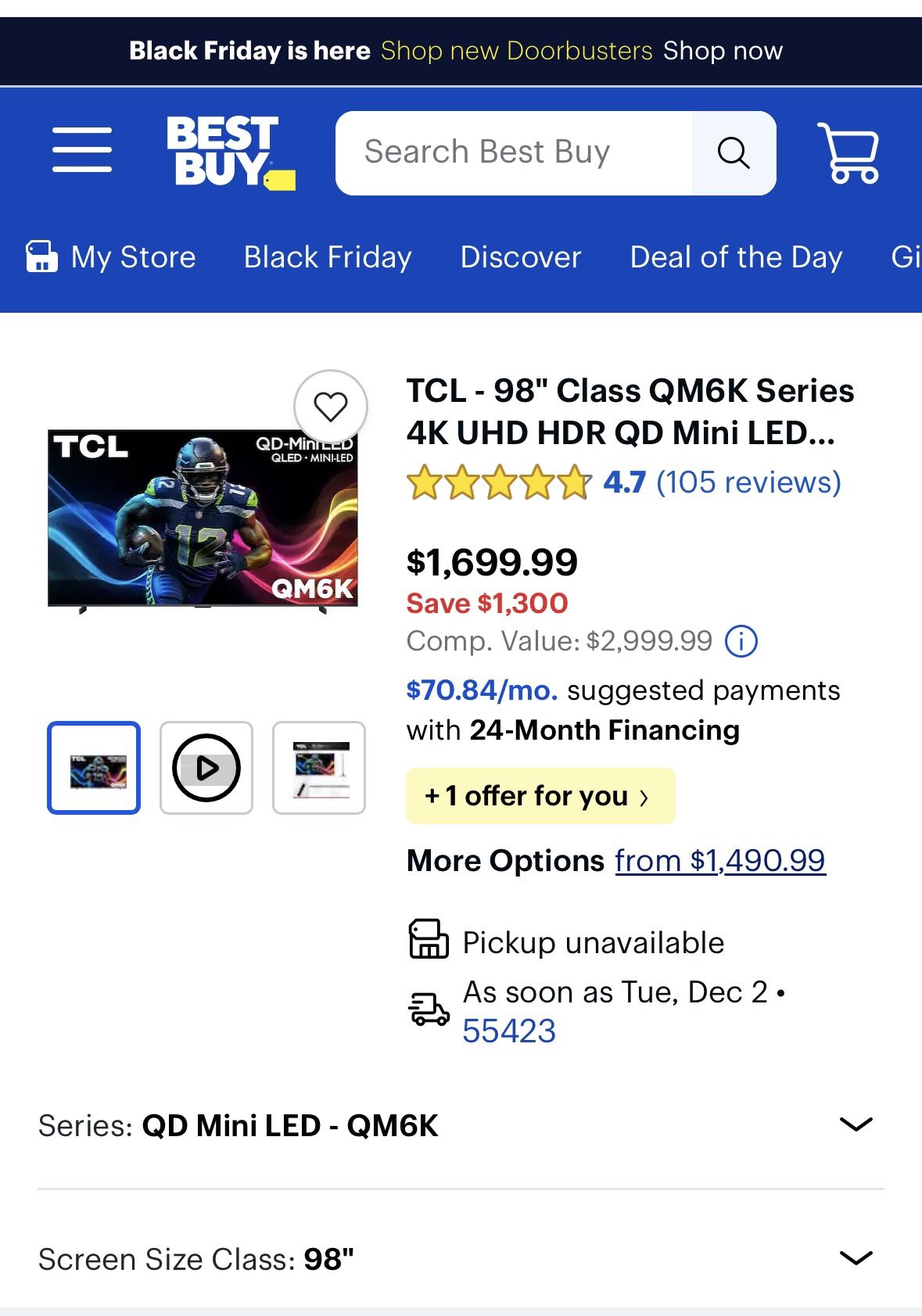 Brand New TCL 98” QM6K Series 4K UHD HDR QD Mini-LED TV — Unopened, Still in Box! 🔥