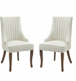 Dining Chairs Set of 2,Channel Tufted Dinner Chairs for Kitchen with Solid Wood Legs,Neutral Fabric Side Chairs for Dining Room,Living Room(Boucle Off