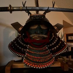 Japanese Samurai Kabuto Helmet & Menpo Mask Display – Decorative Armor