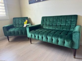 Green velvet mid century style chair and love seat