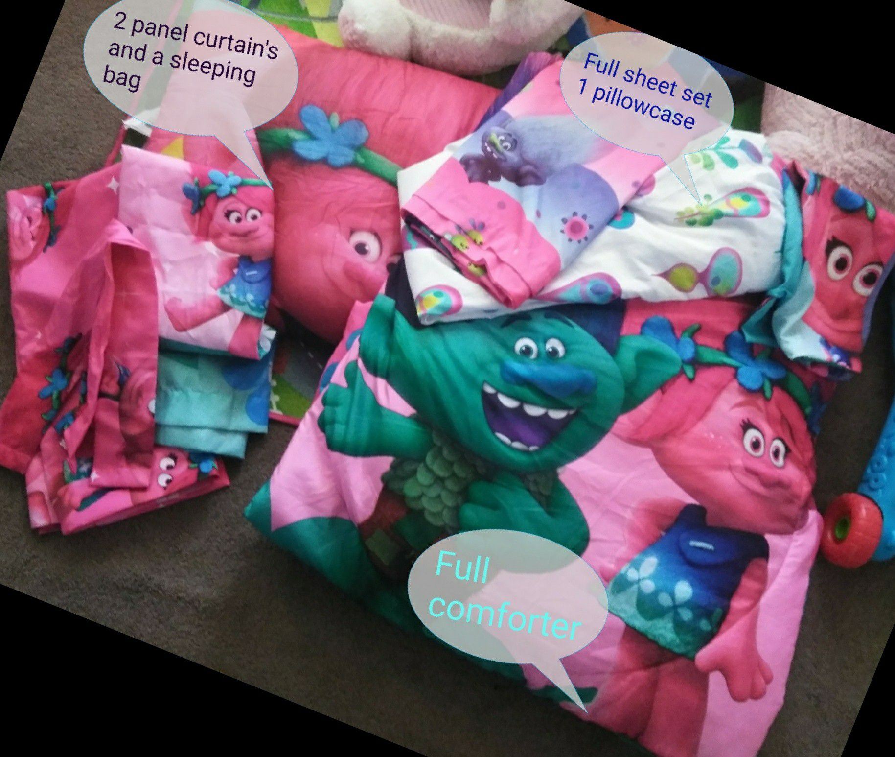 Trolls full size bed set wit extras