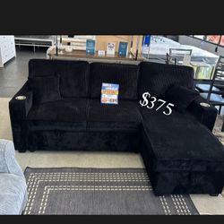 Elegant 2- Pc Sectional Sofa With Pull-out Bed & Storage Black Corduroy 