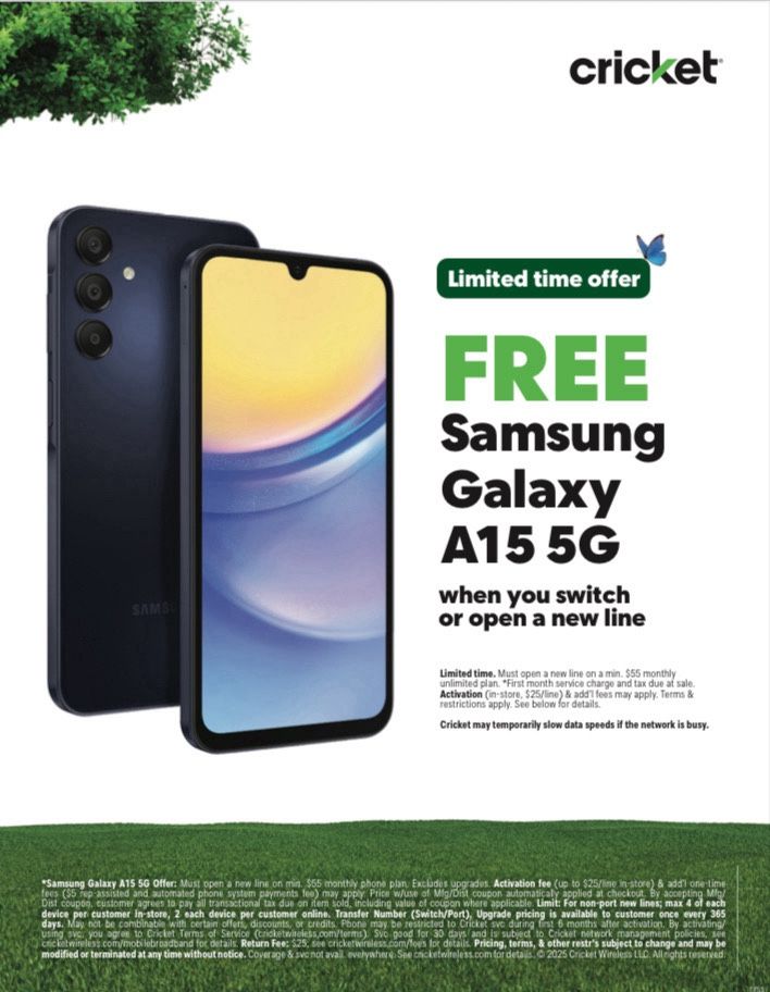 Get Your Free Samsung A15 When You Switch Over Or Add Line At Cricket 525 Hampton Pointe Hillsborough NC 27278