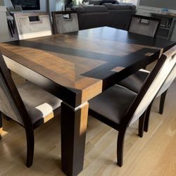Hyndell 70"-88" Extendable Dining Table with Geometric Veneer Inlay Top and (8) Dining Chairs
