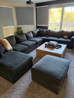 Large Blue Sectional Sofa with Ottoman