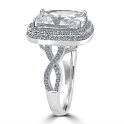 6 CT. (10x12mm) Emerald Cushion Radiant Center w/Halo Pave Simulated Diamond - Diamond Veneer set Sterling Silver Rhodium Electro-plate Ring.