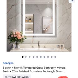 Keonjinn Backlit + Frontlit Tempered Glass Bathroom Mirrors 24-in x 32-in Polished Frameless Rectangle Dimm..