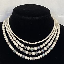 Vintage Four Strand Pearls With AB Crystal Faceted Beads