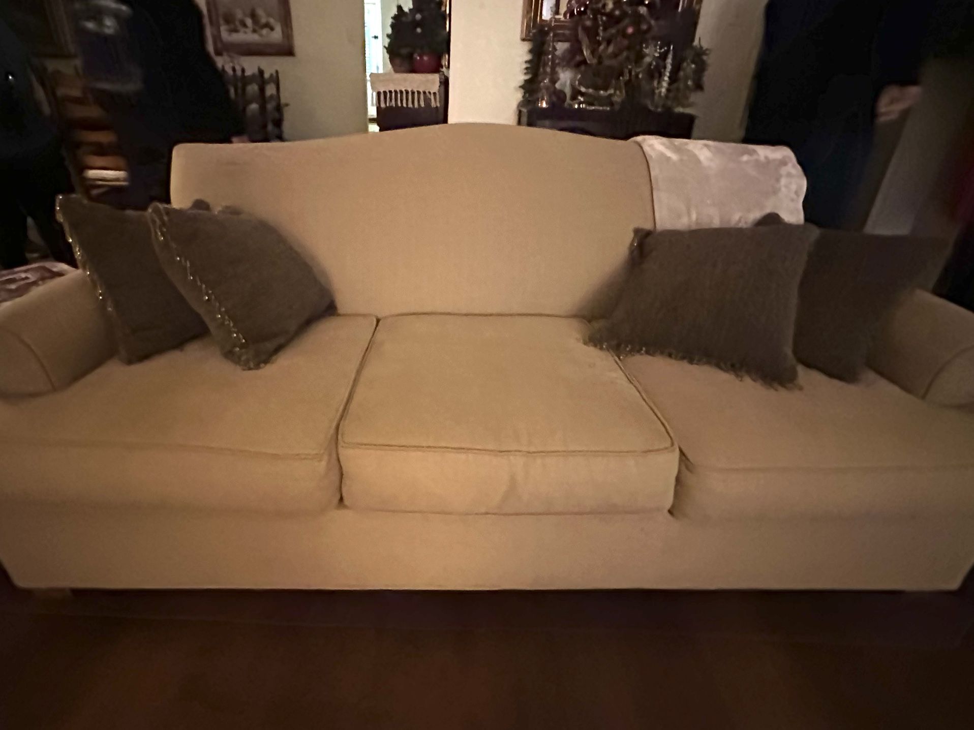 Tan Camel Linen Elegant Camel back sofa From Bombay